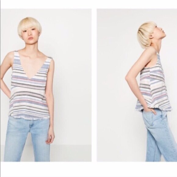 ZARA BASIC Denim Couture V Neck Red White Blue Patriotic July 4 Striped Tank Med - Picture 1 of 12